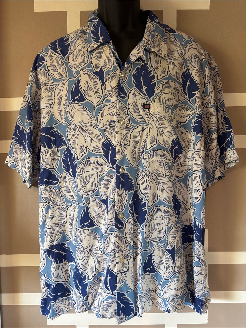 Vtg Polo Ralph Lauren Blue/White Tropical Leaf Short-Sleeve Button-Down Shirt L